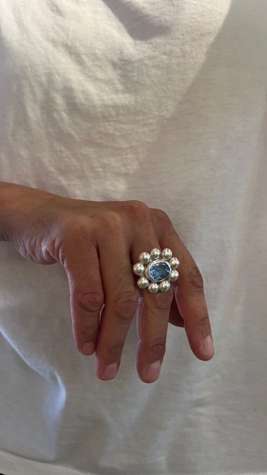 One of a Kind Blue Topaz Flower Ring | Sterling Silver Ring