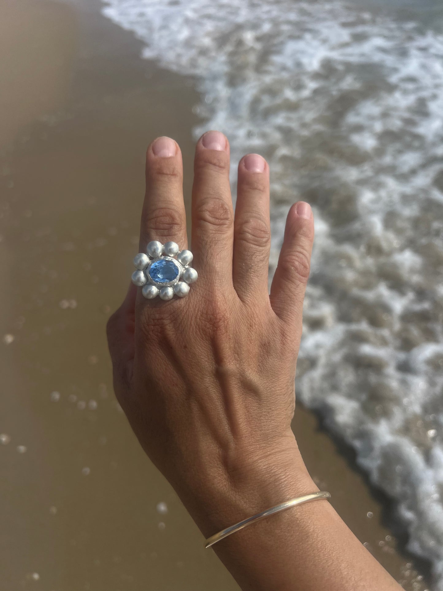 One of a Kind Blue Topaz Flower Ring | Sterling Silver Ring