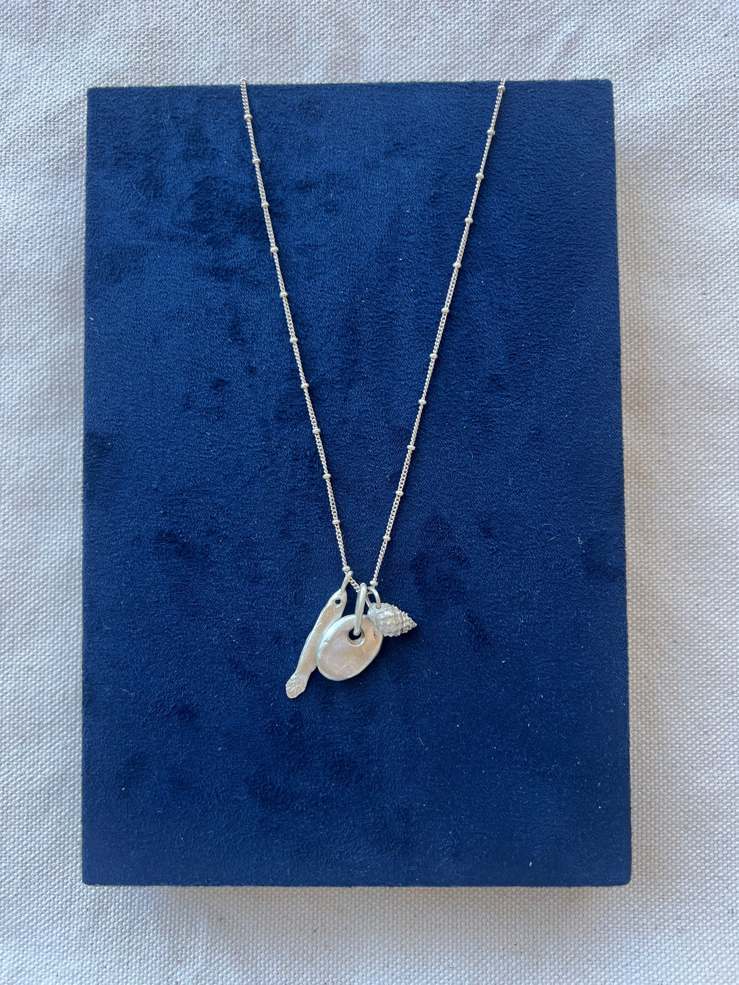 Ocean Charms Necklace | Handmade Sterling Silver 925 Fish Pebble & Lily Conch Necklace