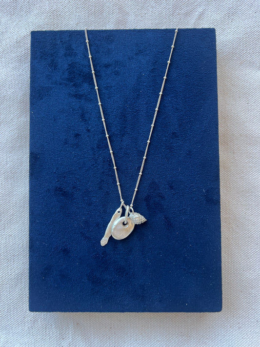 Ocean Charms Necklace | Handmade Sterling Silver 925 Fish Pebble & Lily Conch Necklace
